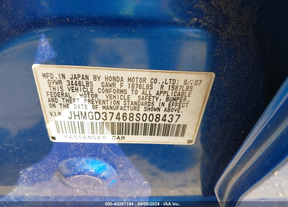2008 HONDA FIT VIN: JHMGD37468S008437