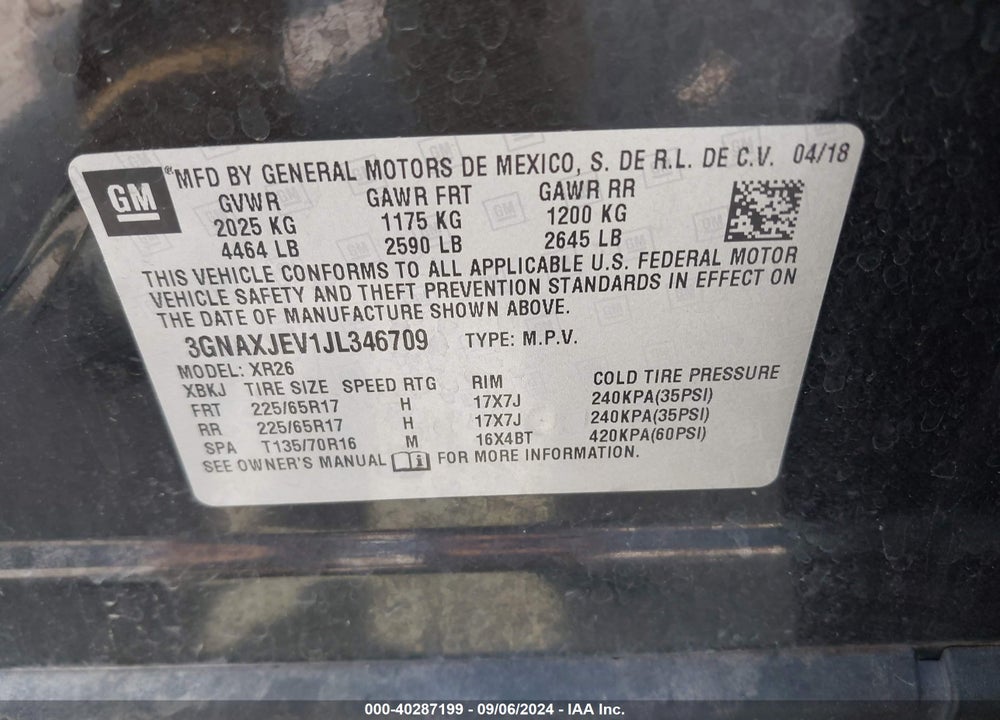 2018 CHEVROLET EQUINOX LT VIN: 3GNAXJEV1JL346709