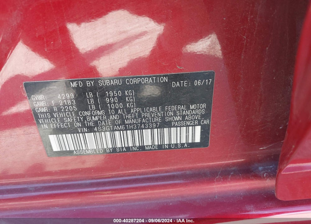 2017 SUBARU IMPREZA 2.0I SPORT VIN: 4S3GTAM61H3743397