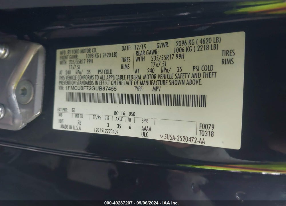 2016 FORD ESCAPE S VIN: 1FMCU0F72GUB87455
