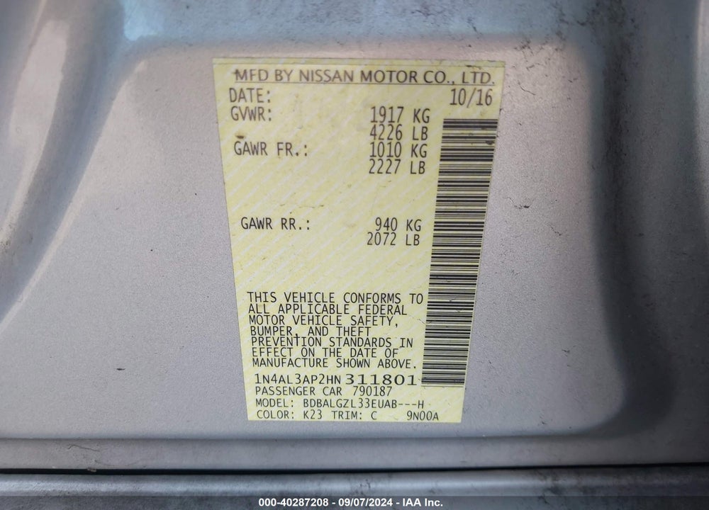 2017 NISSAN ALTIMA 2.5 S VIN: 1N4AL3AP2HN311801