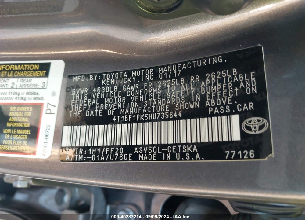 2017 TOYOTA CAMRY SE VIN: 4T1BF1FK5HU735644