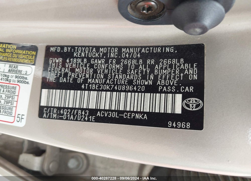 2004 TOYOTA CAMRY LE VIN: 4T1BE30K74U896420