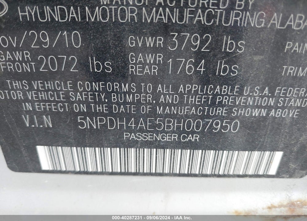 2011 HYUNDAI ELANTRA GLS VIN: 5NPDH4AE5BH007950