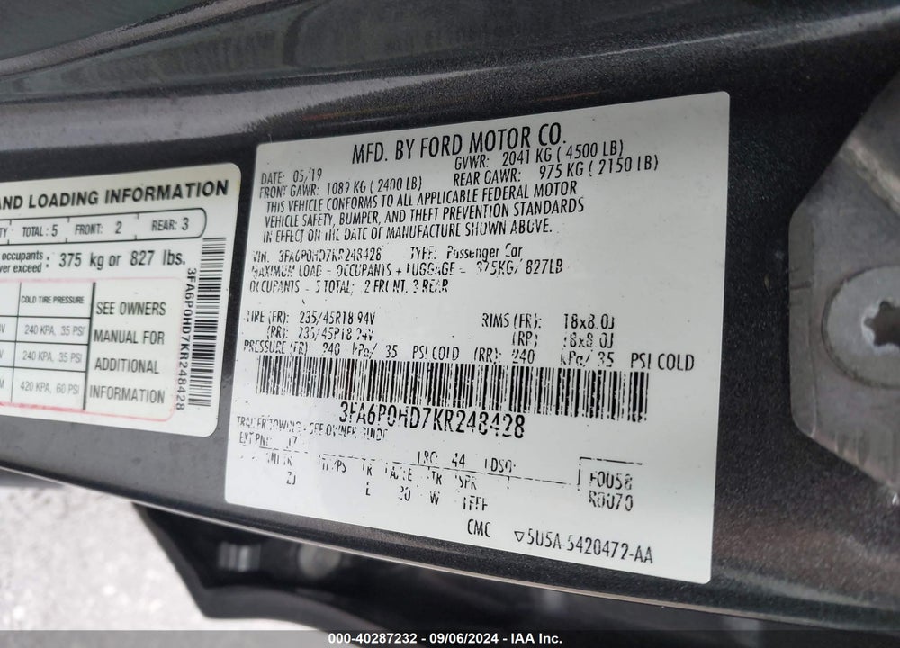2019 FORD FUSION SE VIN: 3FA6P0HD7KR248428