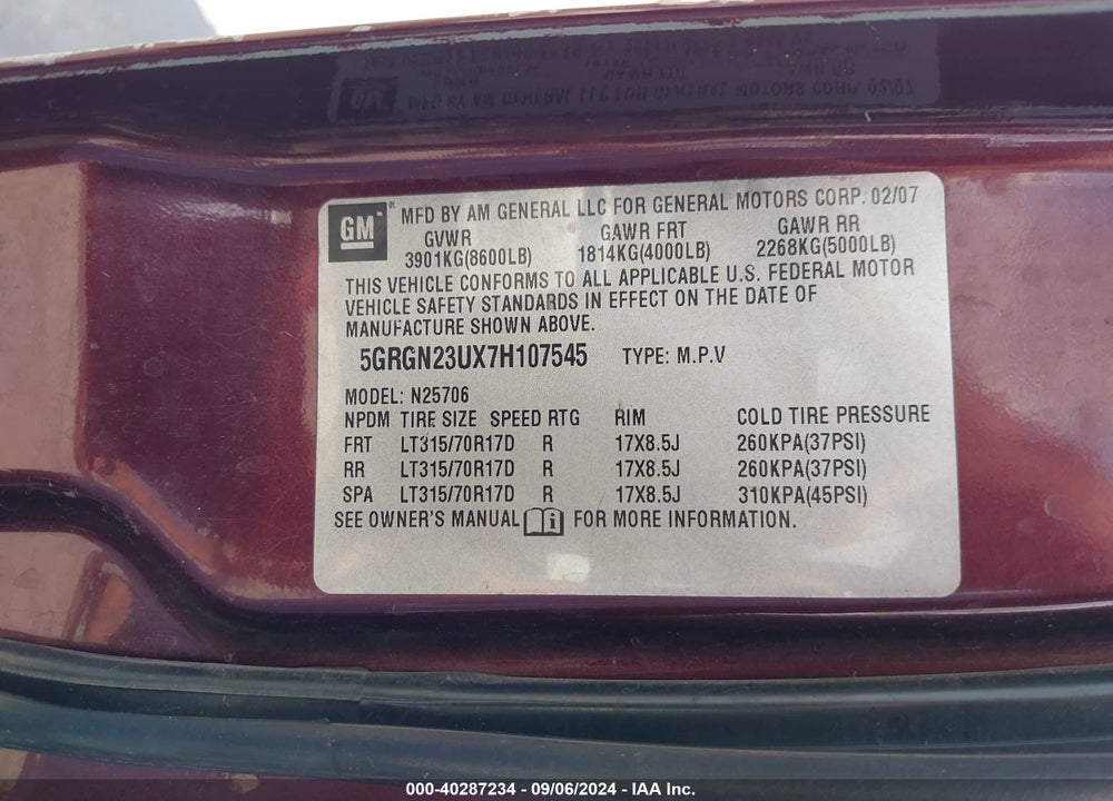 2007 HUMMER H2 SUV VIN: 5GRGN23UX7H107545