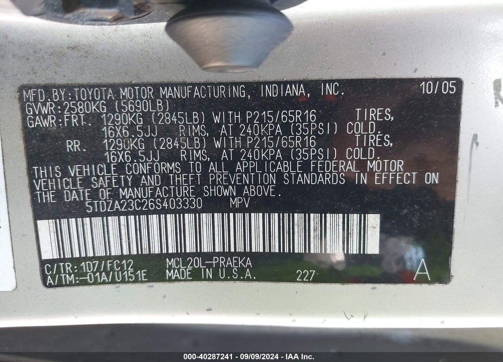 2006 TOYOTA SIENNA LE VIN: 5TDZA23C26S403330