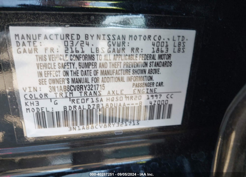 2024 NISSAN SENTRA SV XTRONIC CVT VIN: 3N1AB8CV8RY321715