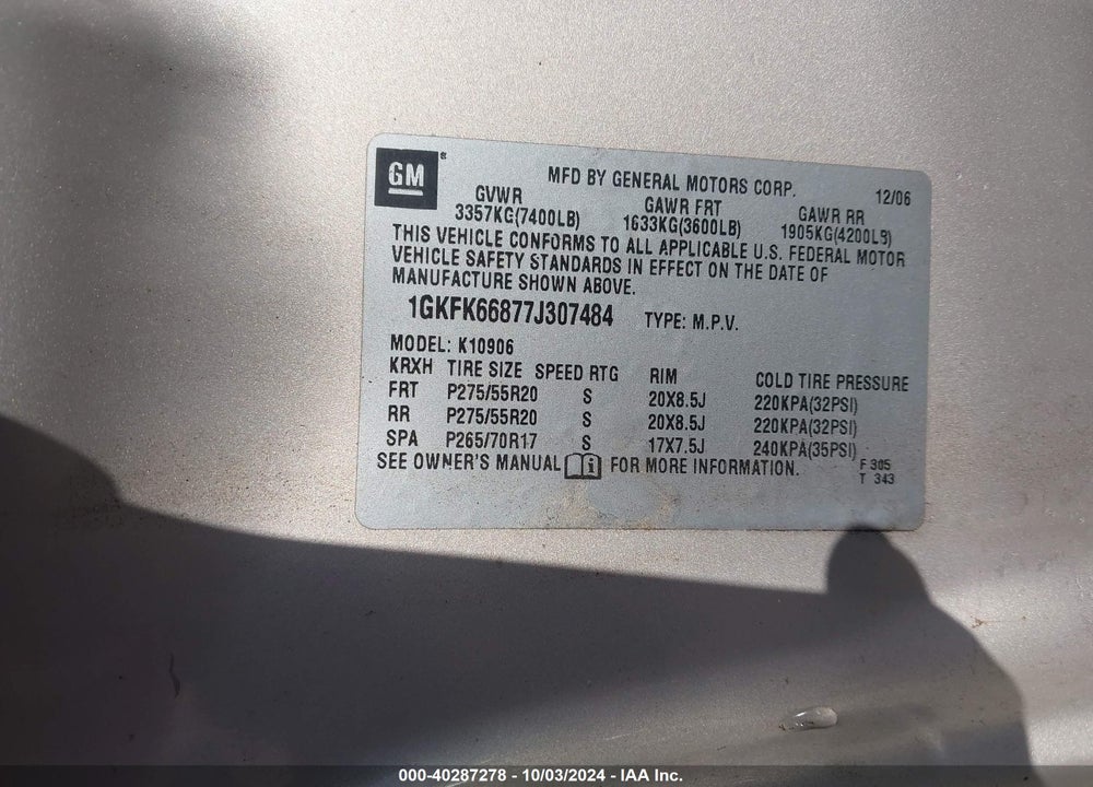 2007 GMC YUKON XL 1500 DENALI VIN: 1GKFK66877J307484