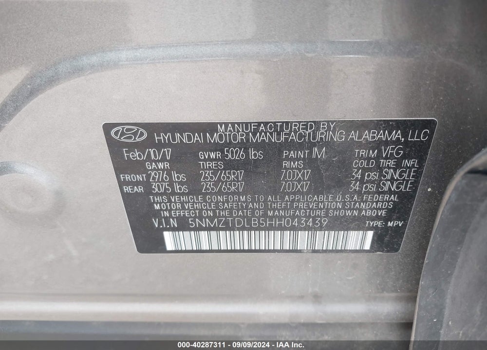 2017 HYUNDAI SANTA FE SPORT 2.4L VIN: 5NMZTDLB5HH043439