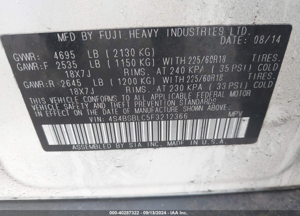2015 SUBARU OUTBACK 2.5I LIMITED VIN: 4S4BSBLC5F3212366