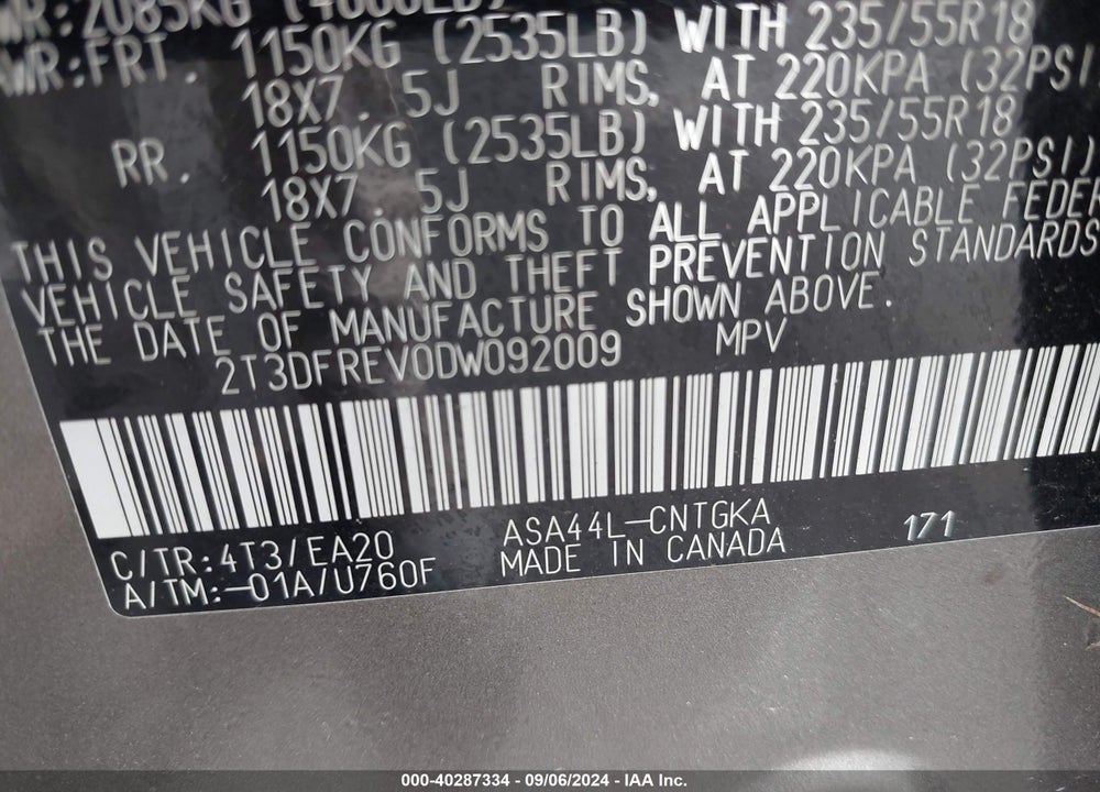 2013 TOYOTA RAV4 LIMITED VIN: 2T3DFREV0DW092009