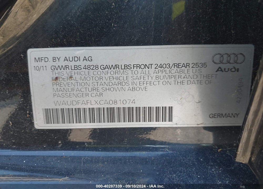 2012 AUDI A4 2.0T PREMIUM VIN: WAUDFAFLXCA081074