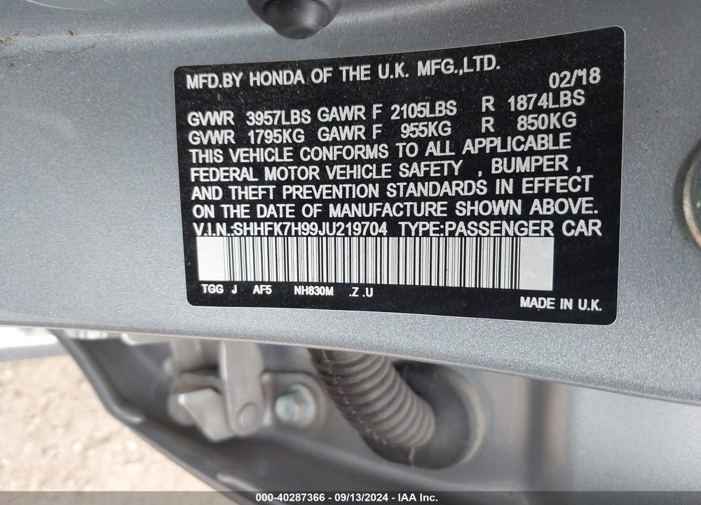 2018 HONDA CIVIC SPORT TOURING VIN: SHHFK7H99JU219704