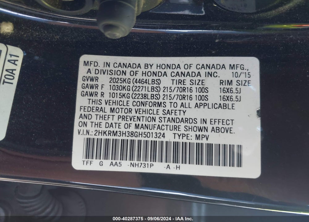 2016 HONDA CR-V LX VIN: 2HKRM3H38GH501324