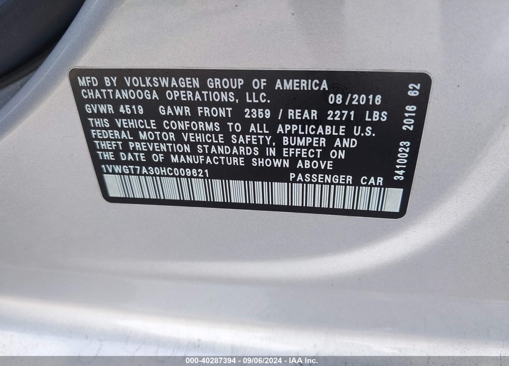 2017 VOLKSWAGEN PASSAT 1.8T SE VIN: 1VWGT7A30HC009621