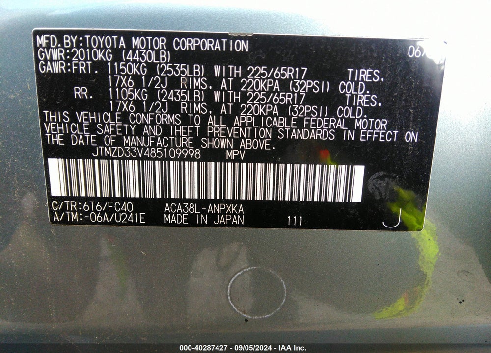 2008 TOYOTA RAV4 VIN: JTMZD33V485109998