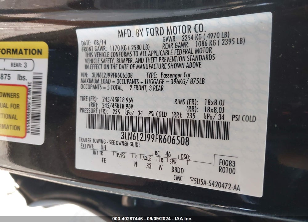 2015 LINCOLN MKZ VIN: 3LN6L2J99FR606508