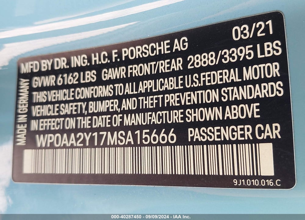2021 PORSCHE TAYCAN VIN: WP0AA2Y17MSA15666