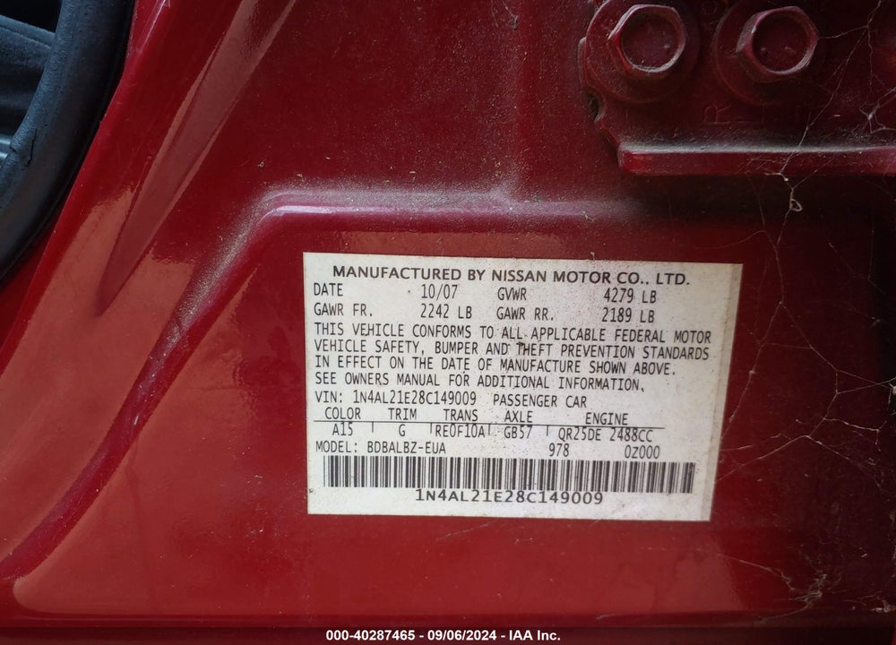 2008 NISSAN ALTIMA 2.5 S VIN: 1N4AL21E28C149009