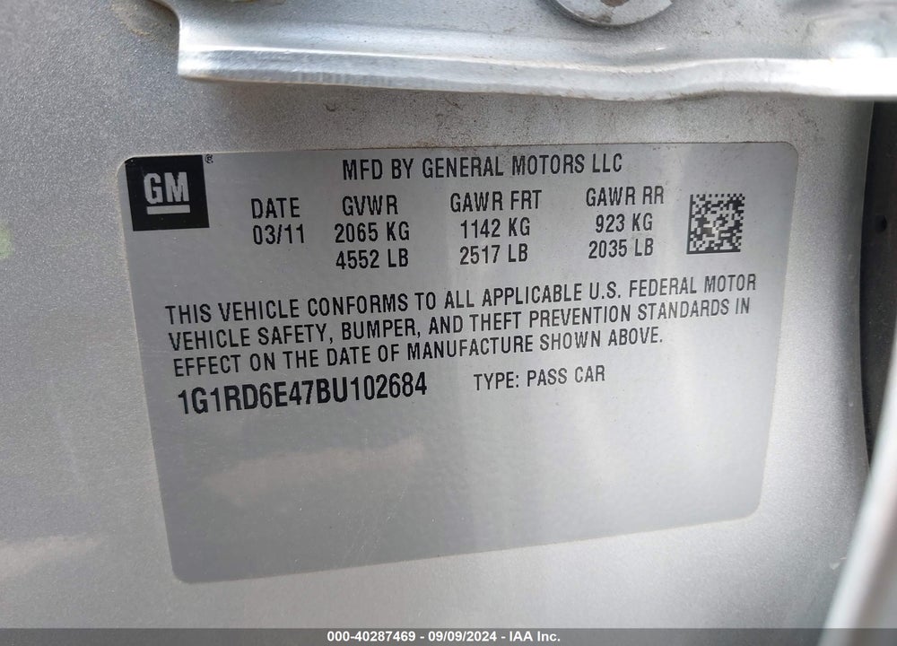 2011 CHEVROLET VOLT VIN: 1G1RD6E47BU102684