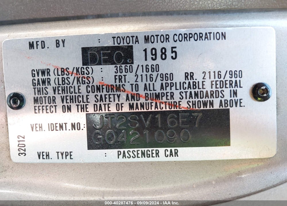 1986 TOYOTA CAMRY LE VIN: JT2SV16E7G0421090