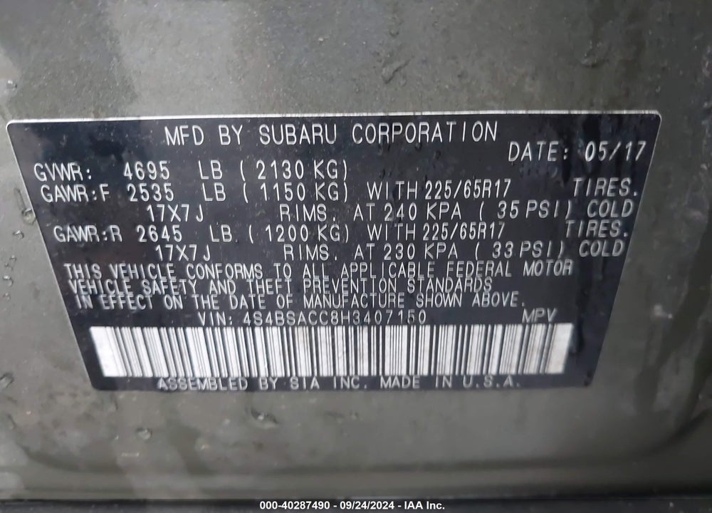 2017 SUBARU OUTBACK 2.5I PREMIUM VIN: 4S4BSACC8H3407150