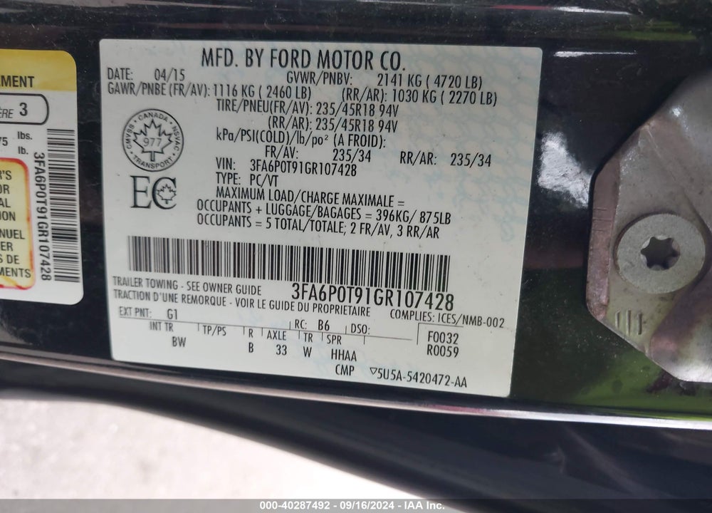2016 FORD FUSION VIN: 3FA6P0T91GR107428