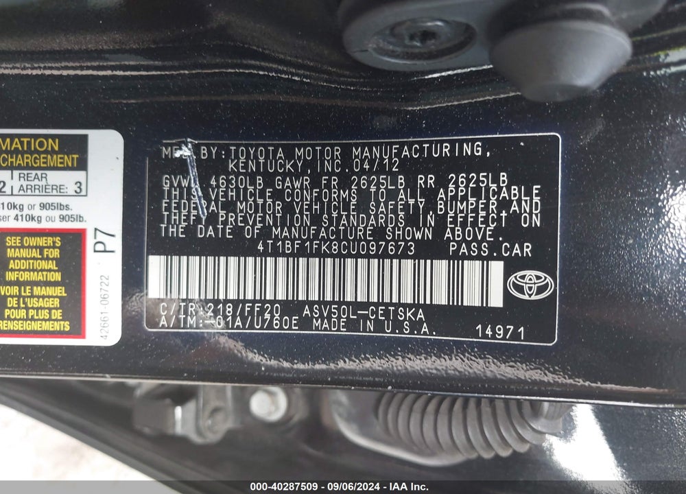 2012 TOYOTA CAMRY SE VIN: 4T1BF1FK8CU097673