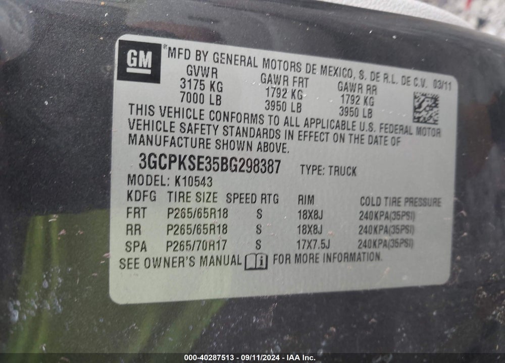 2011 CHEVROLET SILVERADO 1500 LT VIN: 3GCPKSE35BG298387