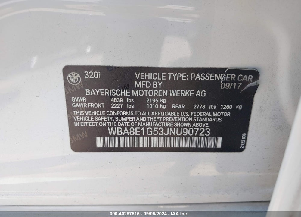 2018 BMW 320I VIN: WBA8E1G53JNU90723