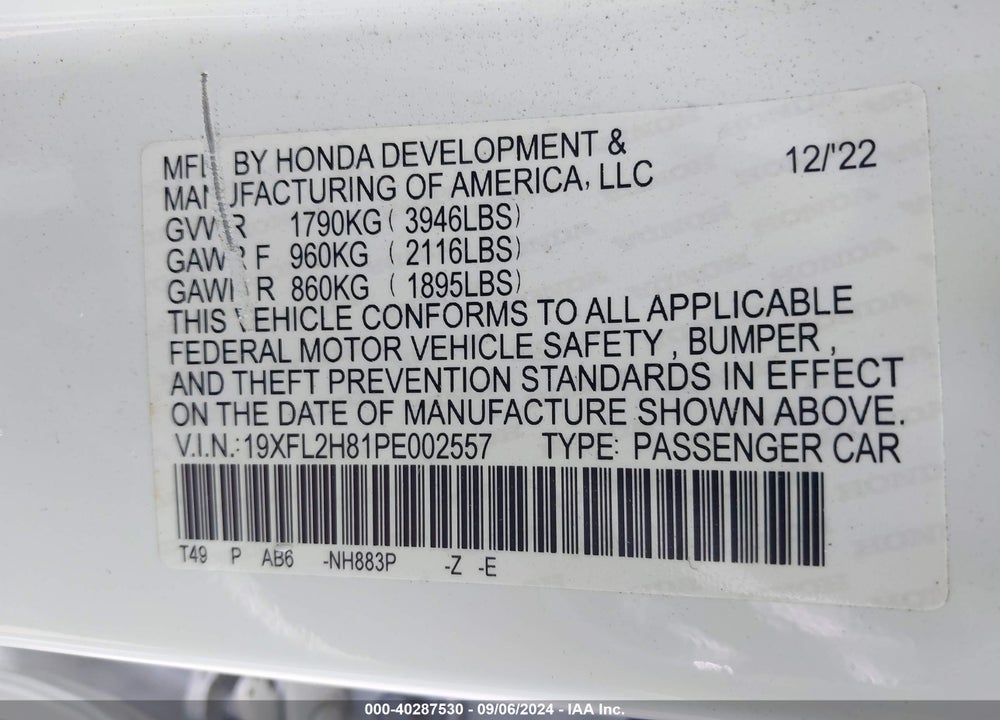 2023 HONDA CIVIC VIN: 19XFL2H81PE002557