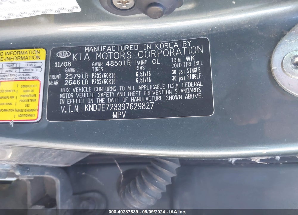2009 KIA SPORTAGE LX V6 VIN: KNDJE723397629827