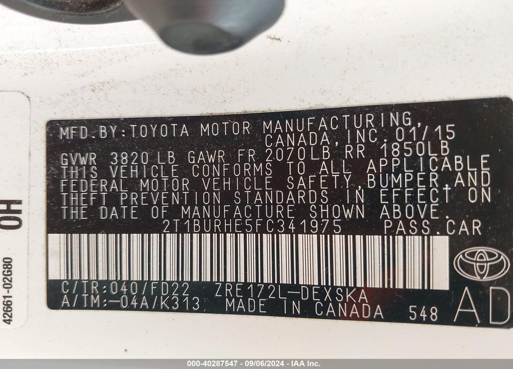 2015 TOYOTA COROLLA S PLUS VIN: 2T1BURHE5FC341975