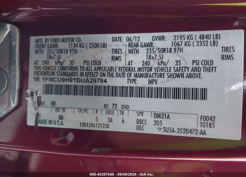 2013 FORD ESCAPE VIN: 1FMCU9H91DUA29784