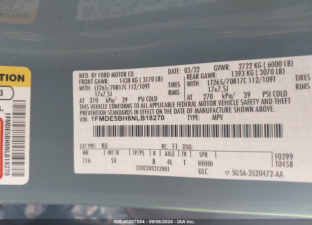 2022 FORD BRONCO BLACK DIAMOND VIN: 1FMDE5BH8NLB18270