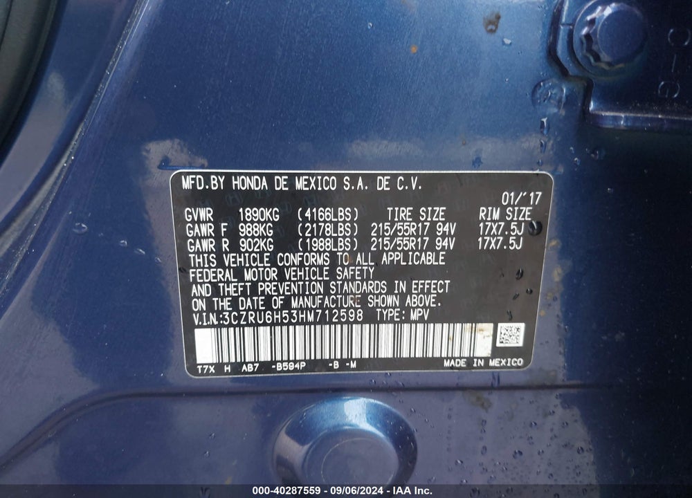 2017 HONDA HR-V EX VIN: 3CZRU6H53HM712598
