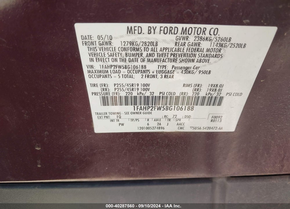 2011 FORD TAURUS LIMITED VIN: 1FAHP2FW5BG106188