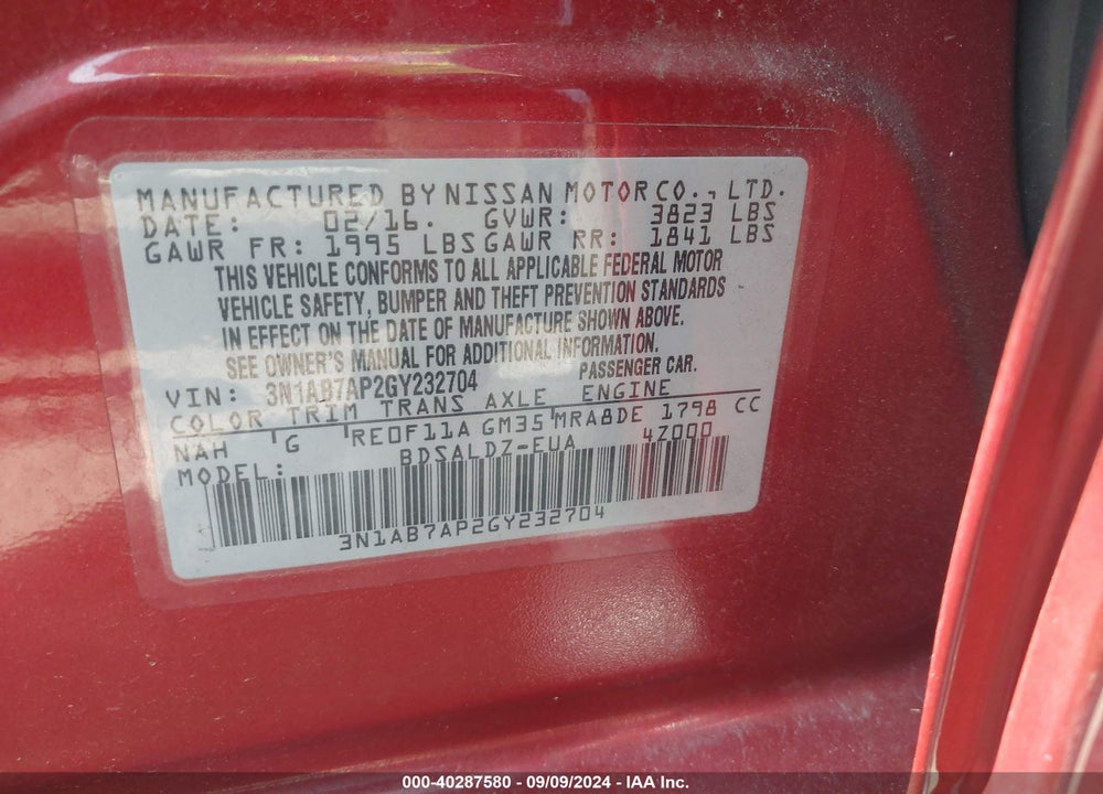 2016 NISSAN SENTRA SV VIN: 3N1AB7AP2GY232704