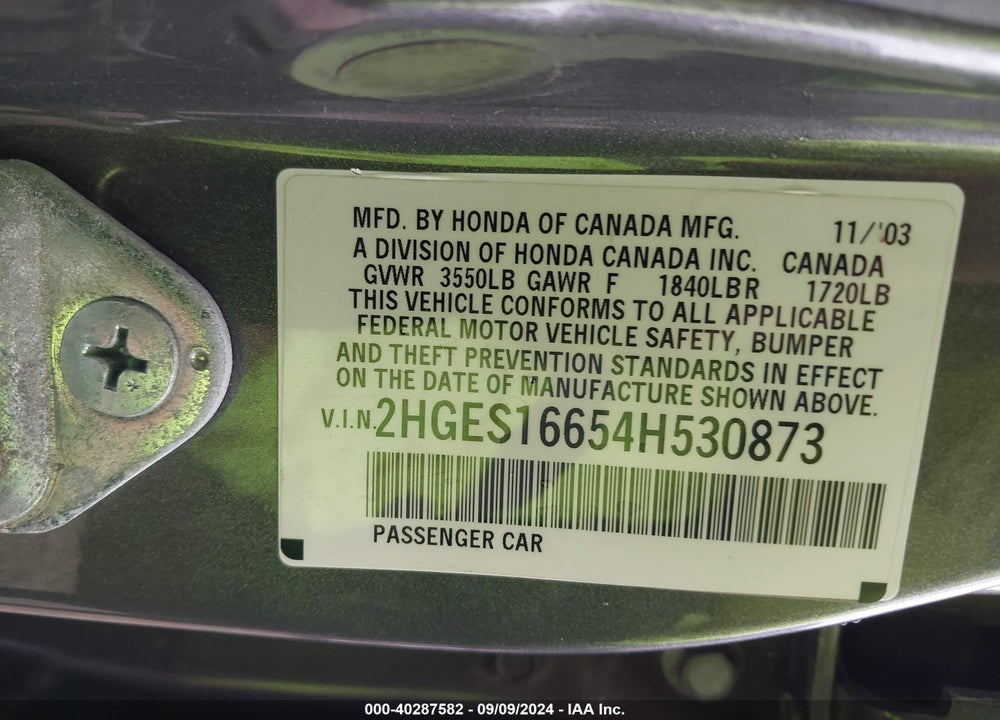 2004 HONDA CIVIC LX VIN: 2HGES16654H530873