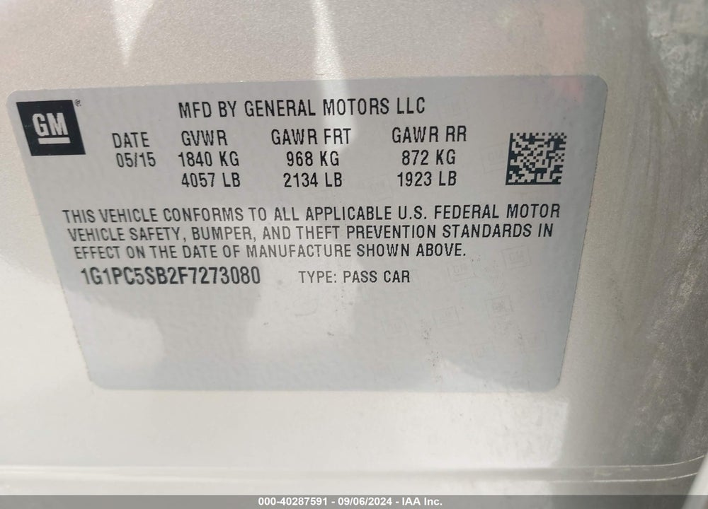 2015 CHEVROLET CRUZE 1LT AUTO VIN: 1G1PC5SB2F7273080