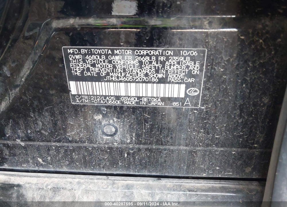 2007 LEXUS ES 350 VIN: JTHBJ46G572070186