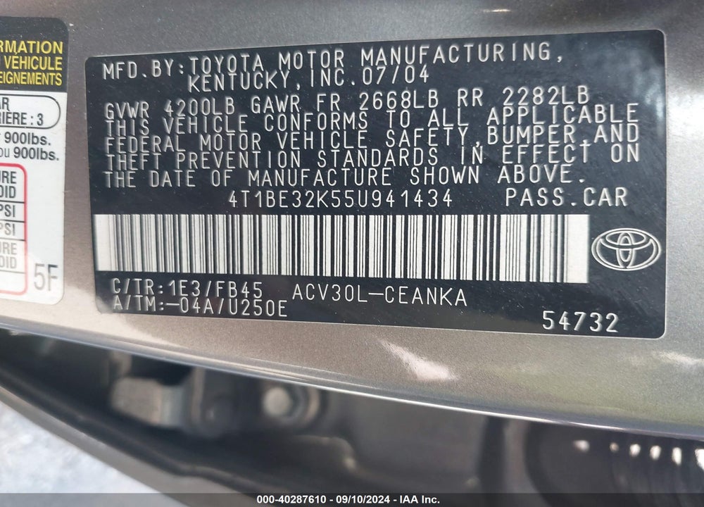2005 TOYOTA CAMRY LE VIN: 4T1BE32K55U941434