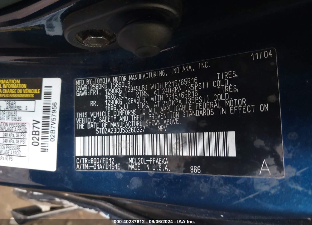 2005 TOYOTA SIENNA VIN: 5TDZA23C05S260327