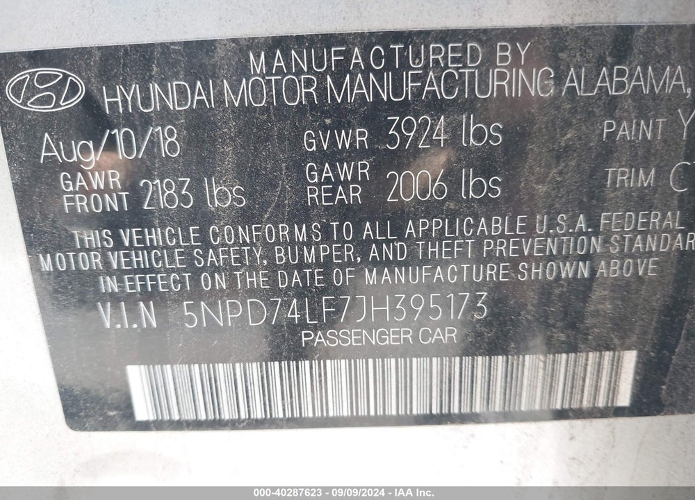 2018 HYUNDAI ELANTRA SE VIN: 5NPD74LF7JH395173