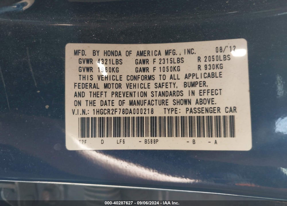 2013 HONDA ACCORD VIN: 1HGCR2F78DA000218
