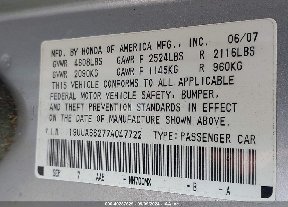 2007 ACURA TL 3.2 VIN: 19UUA66277A047722