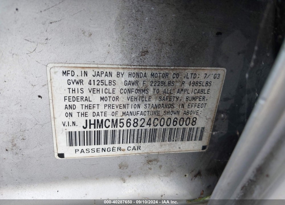 2004 HONDA ACCORD 2.4 EX VIN: JHMCM56824C006008