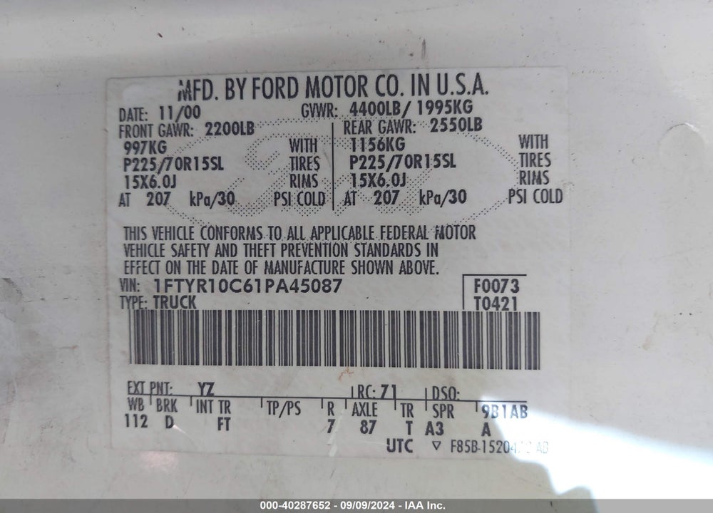 2001 FORD RANGER XL/XLT VIN: 1FTYR10C61PA45087