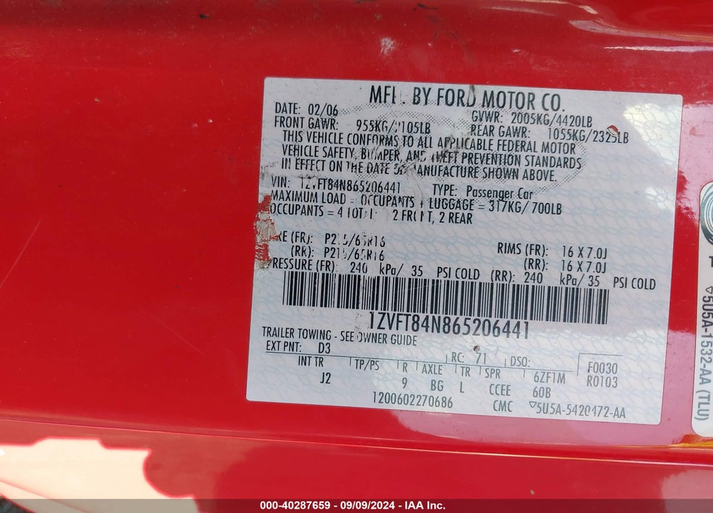 2006 FORD MUSTANG V6 VIN: 1ZVFT84N865206441